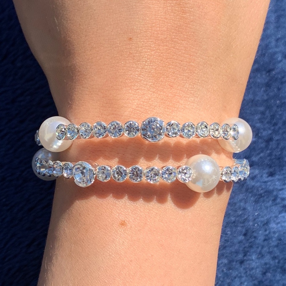 Pearl silver cuff wedding pageant stretch bracelet